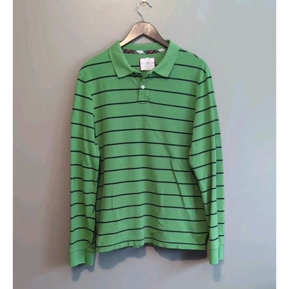 J.Crew Mens Large L Polo Shirt Long Sleeve Blue Green Stripe Vintage Style LS